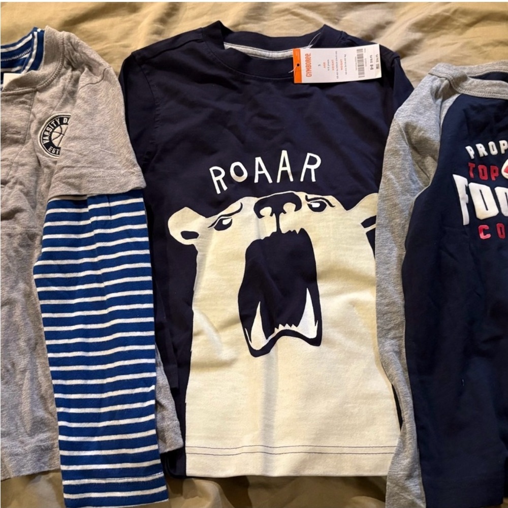 3 NWT Kids Navy Blue 'Roaar' Bear Graphic LS Tee, Football LS, and Basketball LS